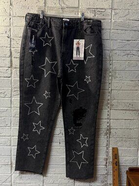Simple Society Rhinestone Star Jeans 17/33 Black Super High Rise Straight NWT